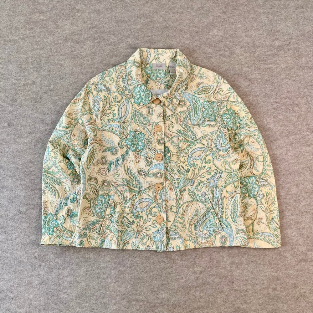 Vintage Grandmacore Pastel Yellow Paisley Floral Quilted Button Up Jacket L Boho